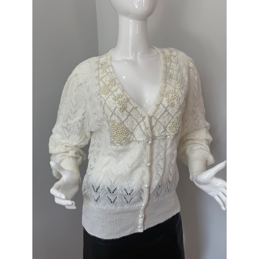 Commense Pearl Embellished Cardigan Sweater,‎ Elegant Knitwear,  Off White M - Picture 9 of 9